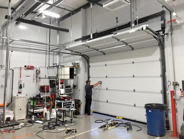 Westwood Garage Door Repair certified technician performing commercial door repair at a Westwood business facility