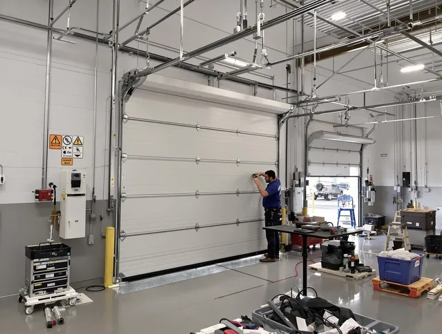 Commercial garage door repair being performed by Westwood Garage Door Repair expert in Westwood