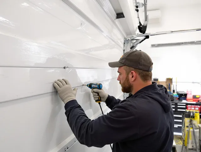 Westwood Garage Door Repair technician demonstrating precision dent removal techniques on a Westwood garage door