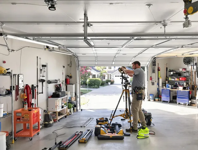 Westwood Garage Door Repair specialist performing laser-guided track alignment in Westwood
